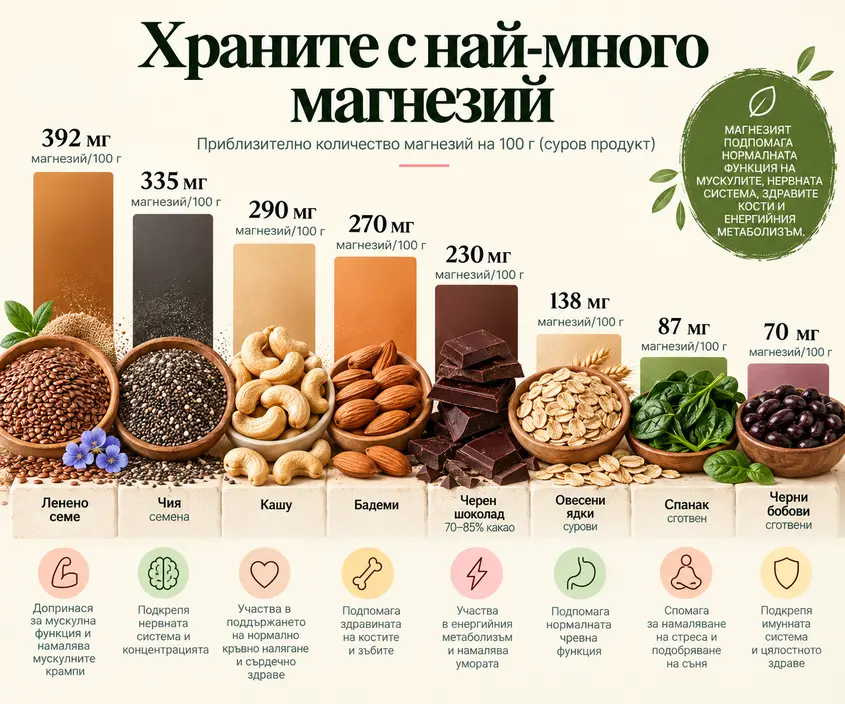 8 храни с най-много магнезий, защо чинията бие лъжицата семена и колко ни трябва на ден